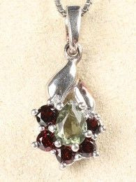 Faceted Moldavite Garnet Floral Pendant
