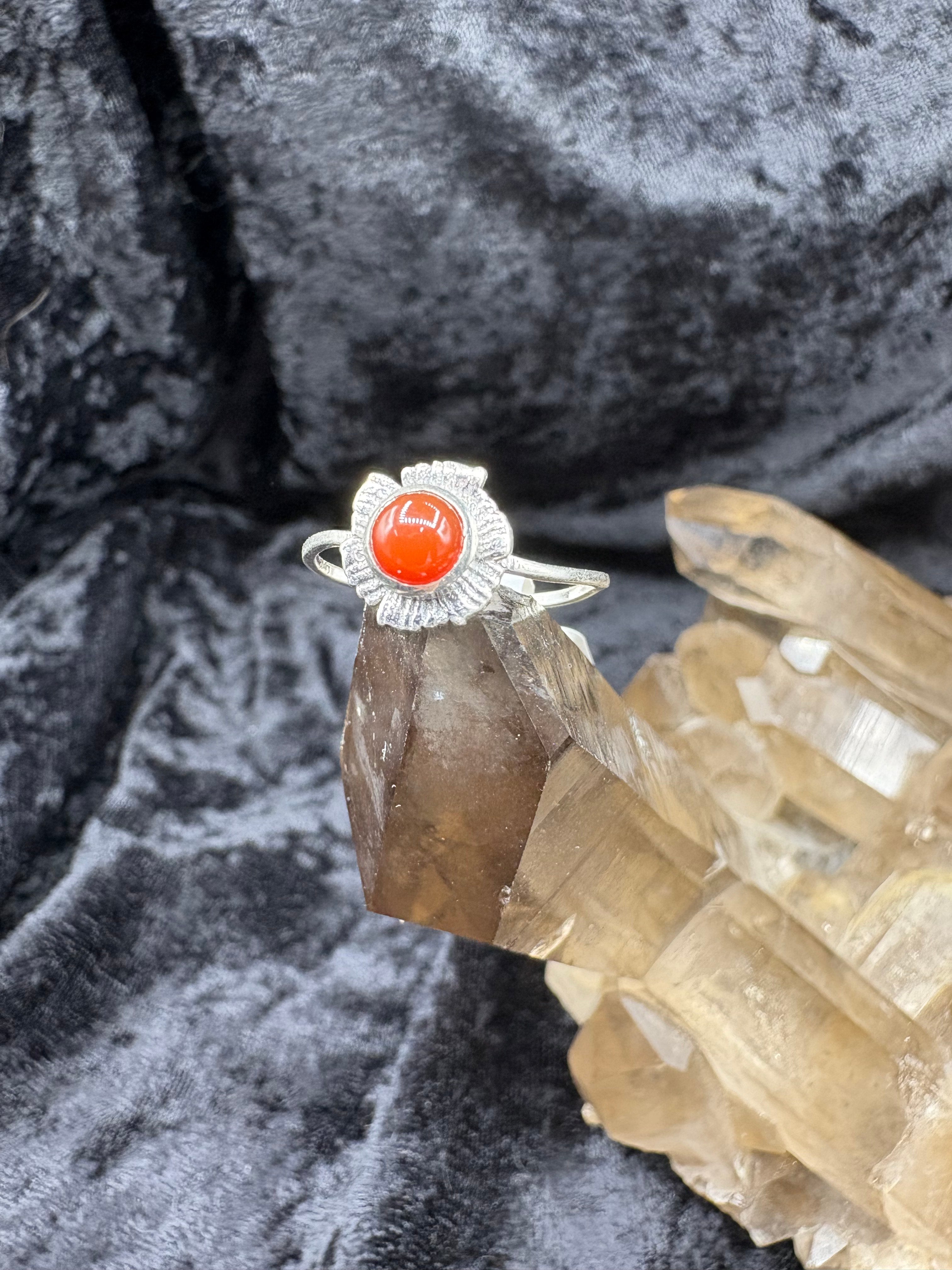 Sterling Silver Carnelian Flower Ring - Size 7