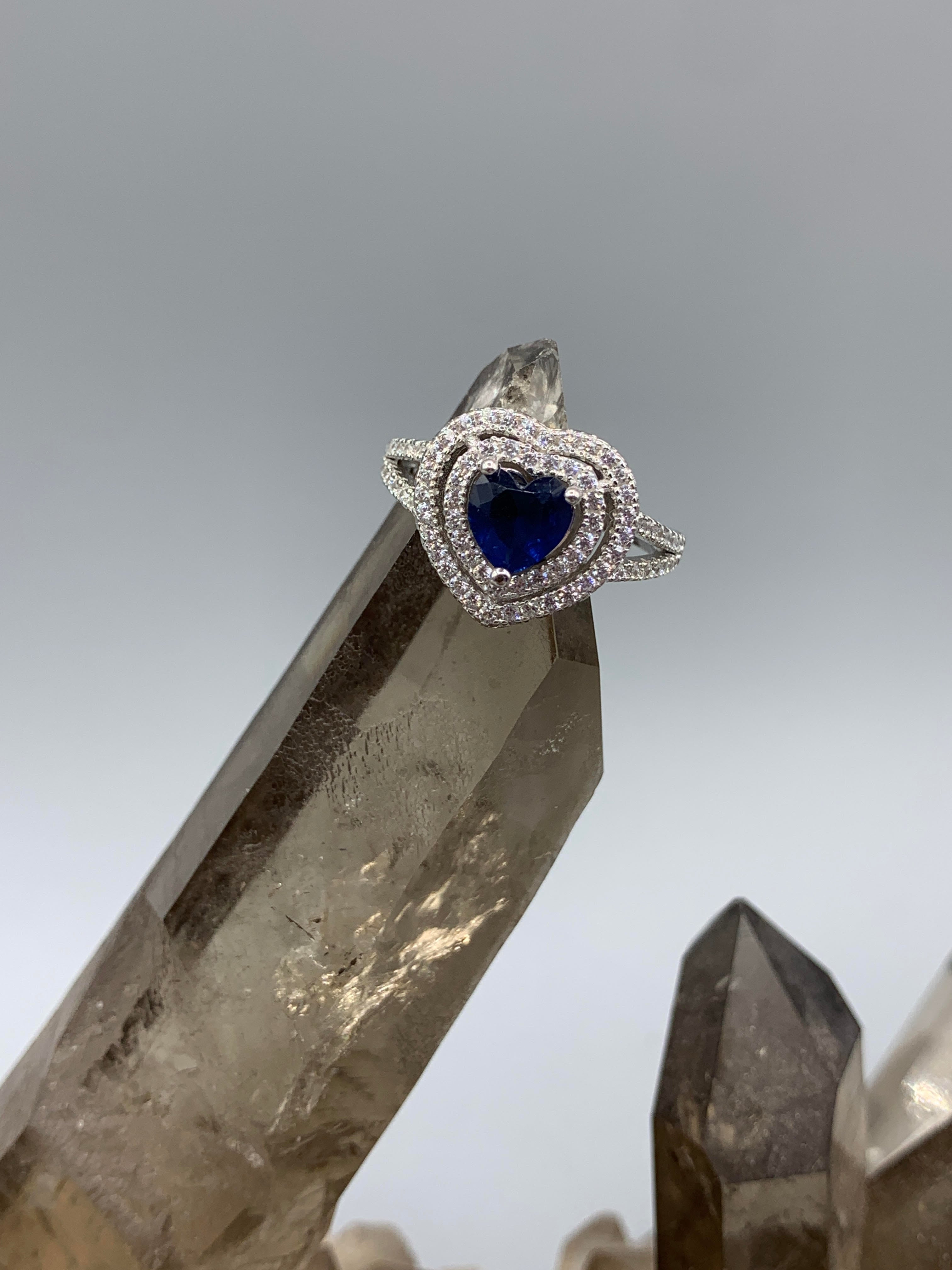 Sterling Silver Blue Heart Ring - Size 8