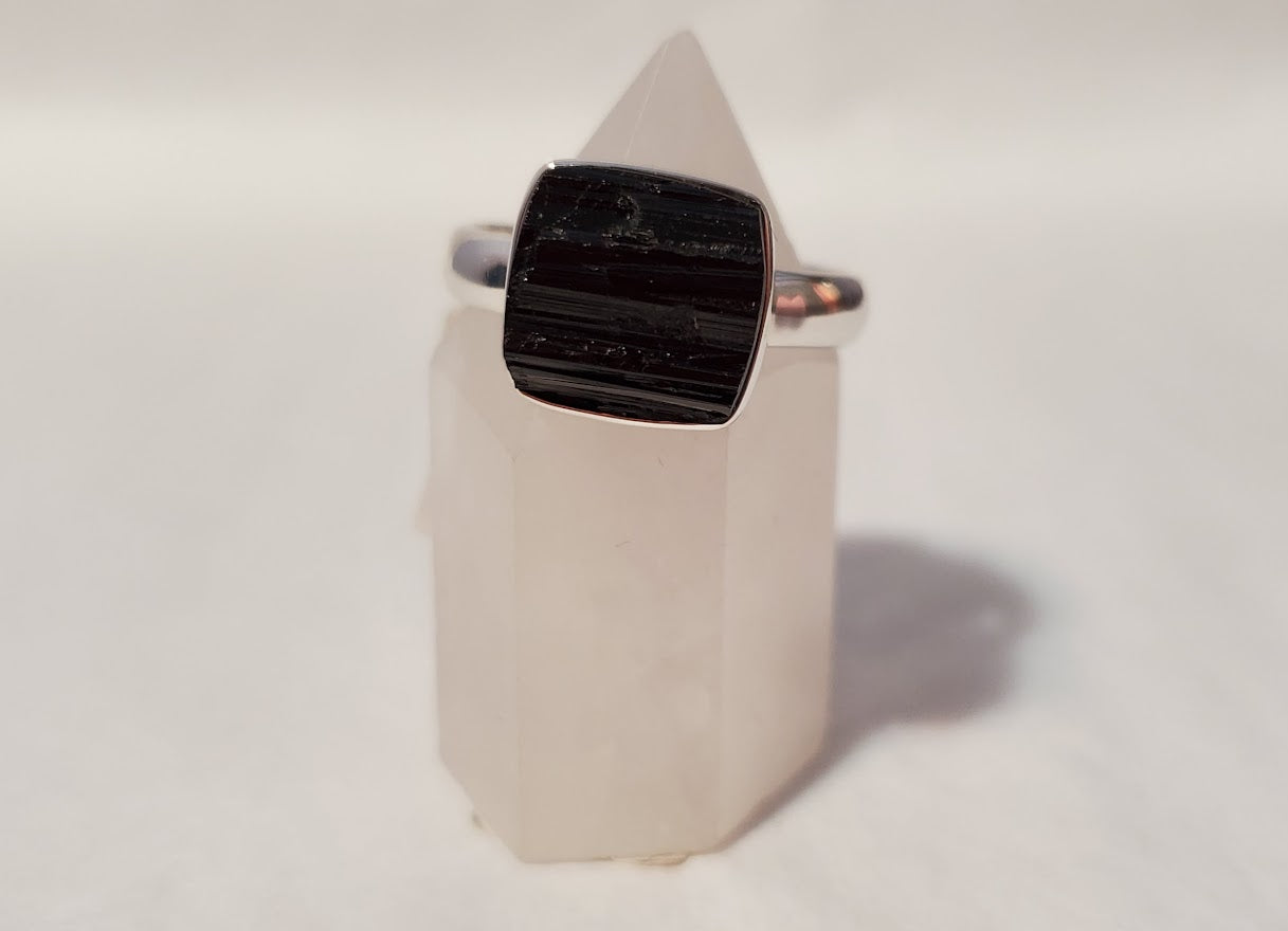 Blk Tourmaline Sterling Ring 6