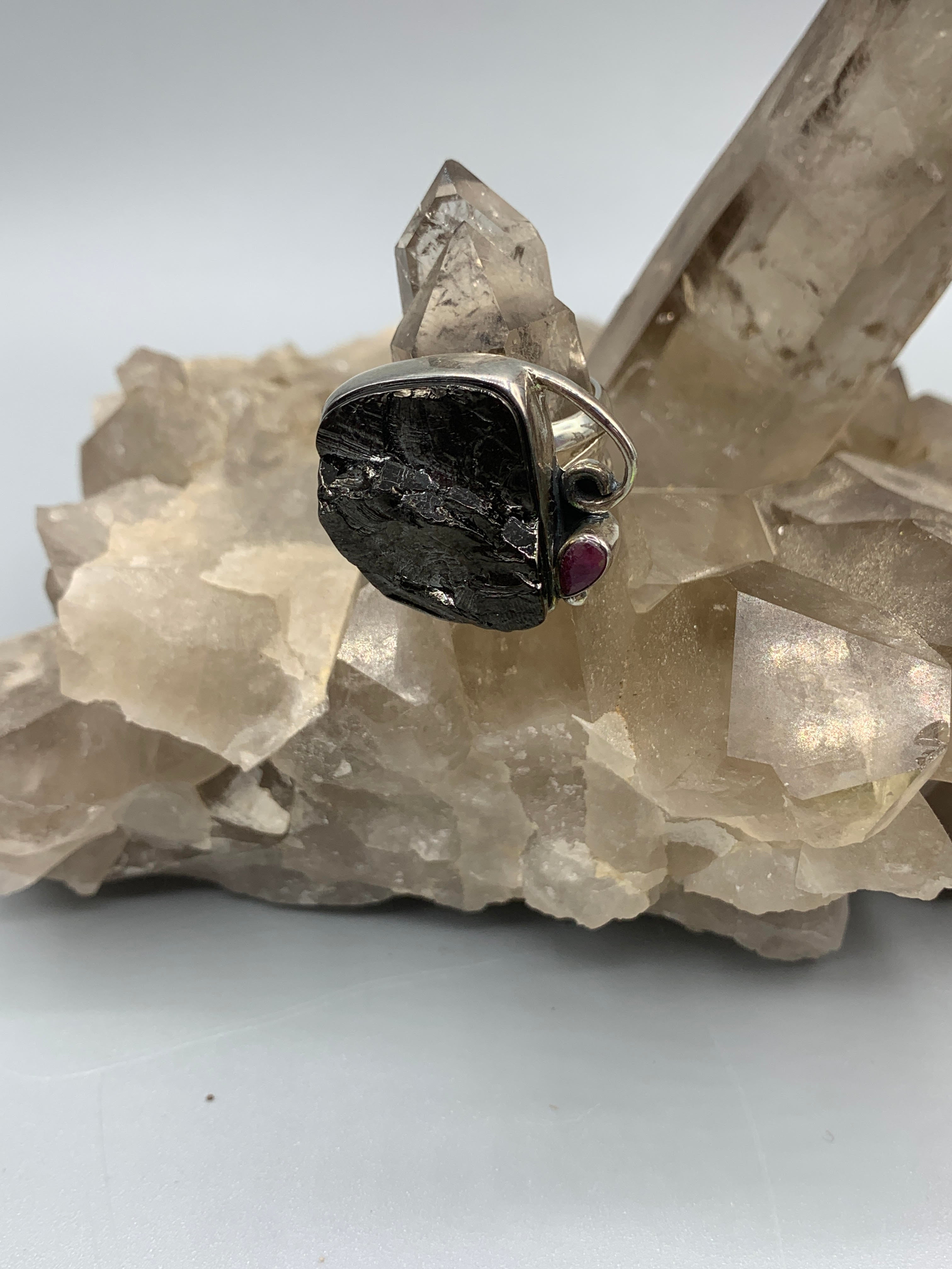 Sterling Silver Ruby Shungite Ring - Size 8