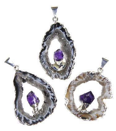 Geode Slice with Amethyst Silver Necklace