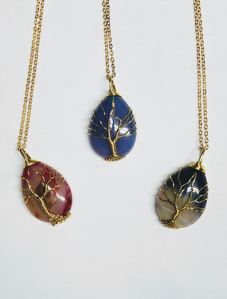 Assorted Gemstone Tree Teardrop Gold Necklace