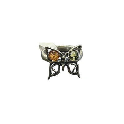 Sterling Silver Amber Butterfly Ring - Size 7