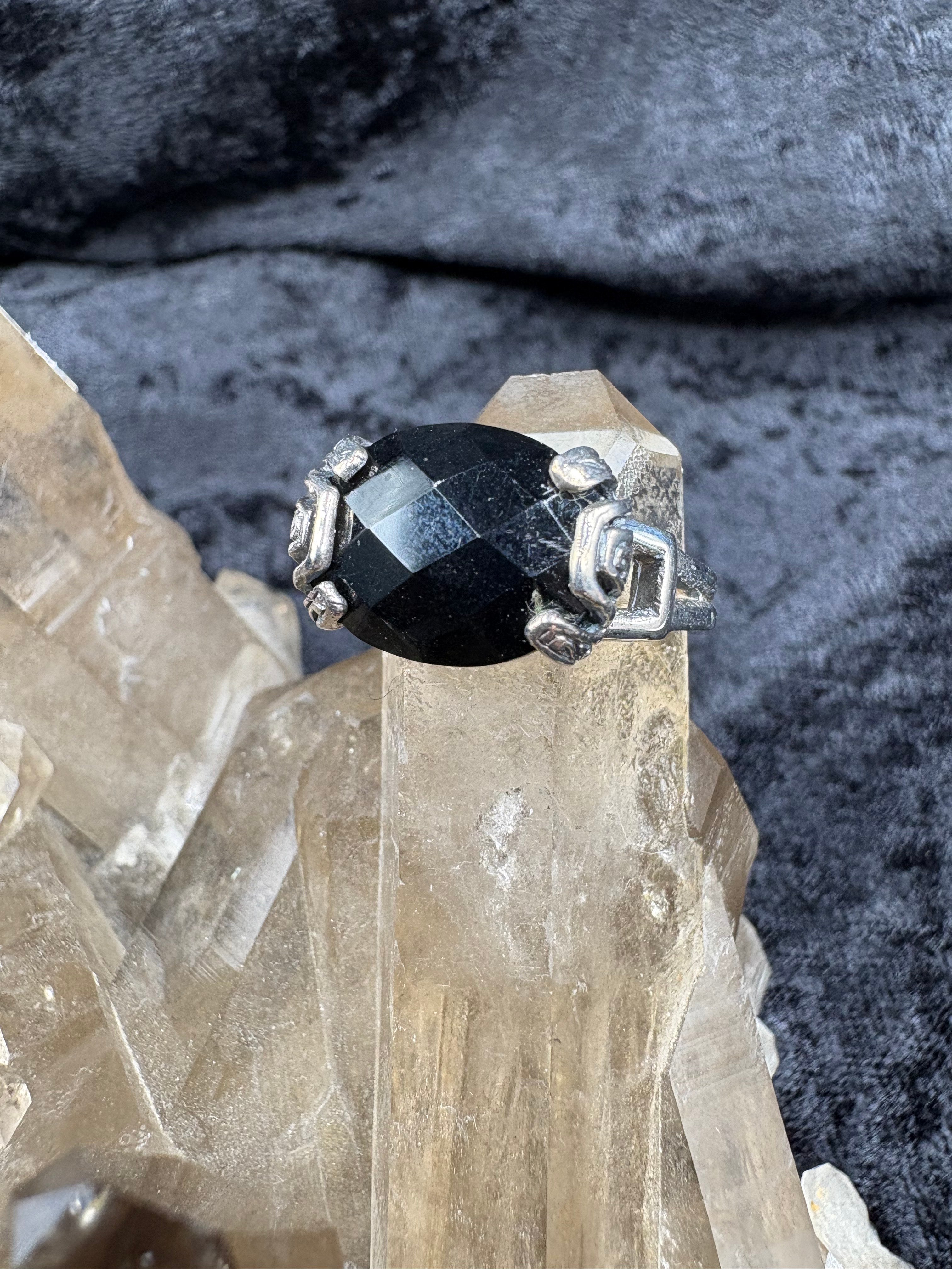Sterling Silver Faceted Black Onyx Ring - Size 9