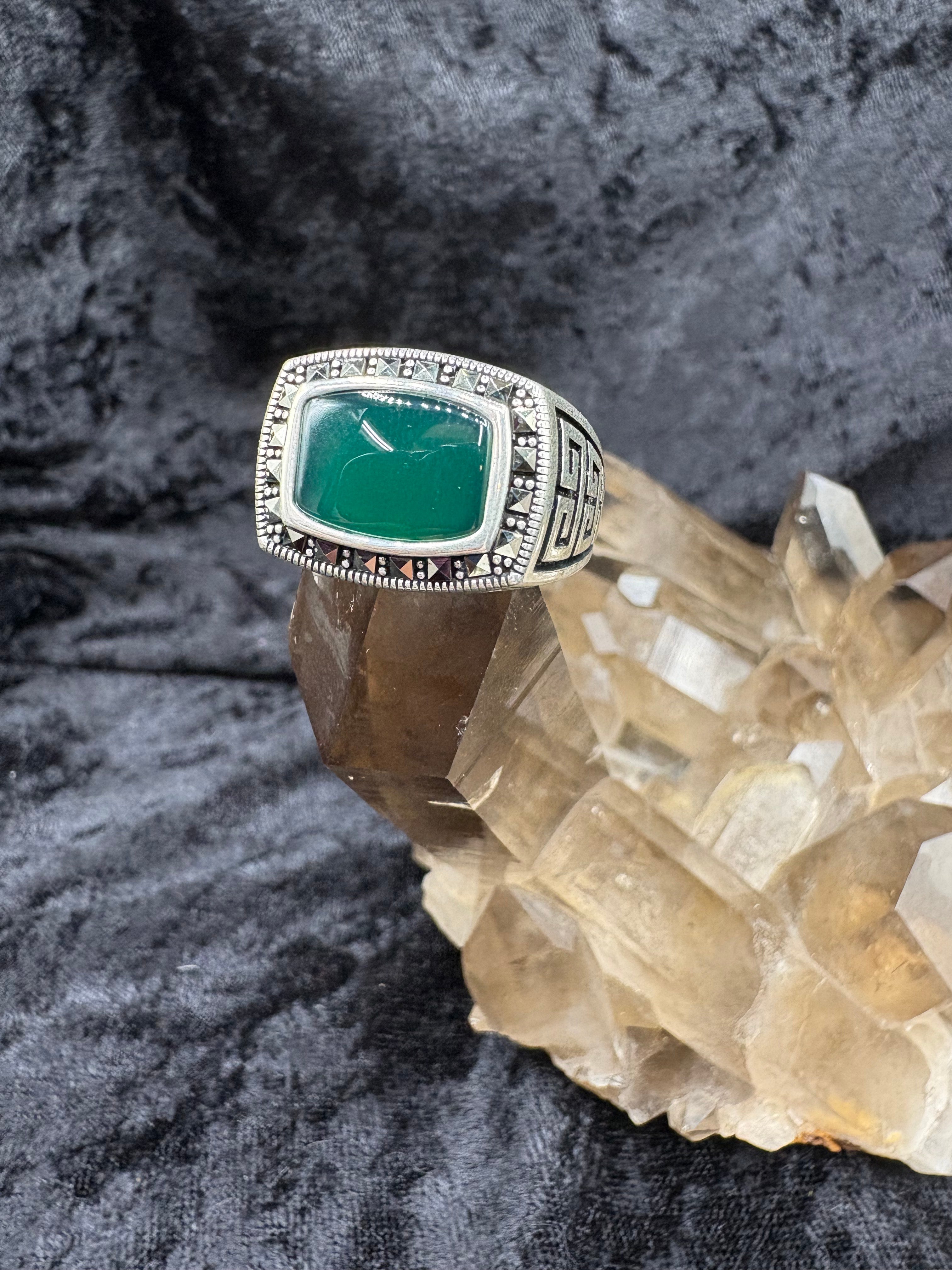 Sterling Silver Green Agate Ring - Size 12