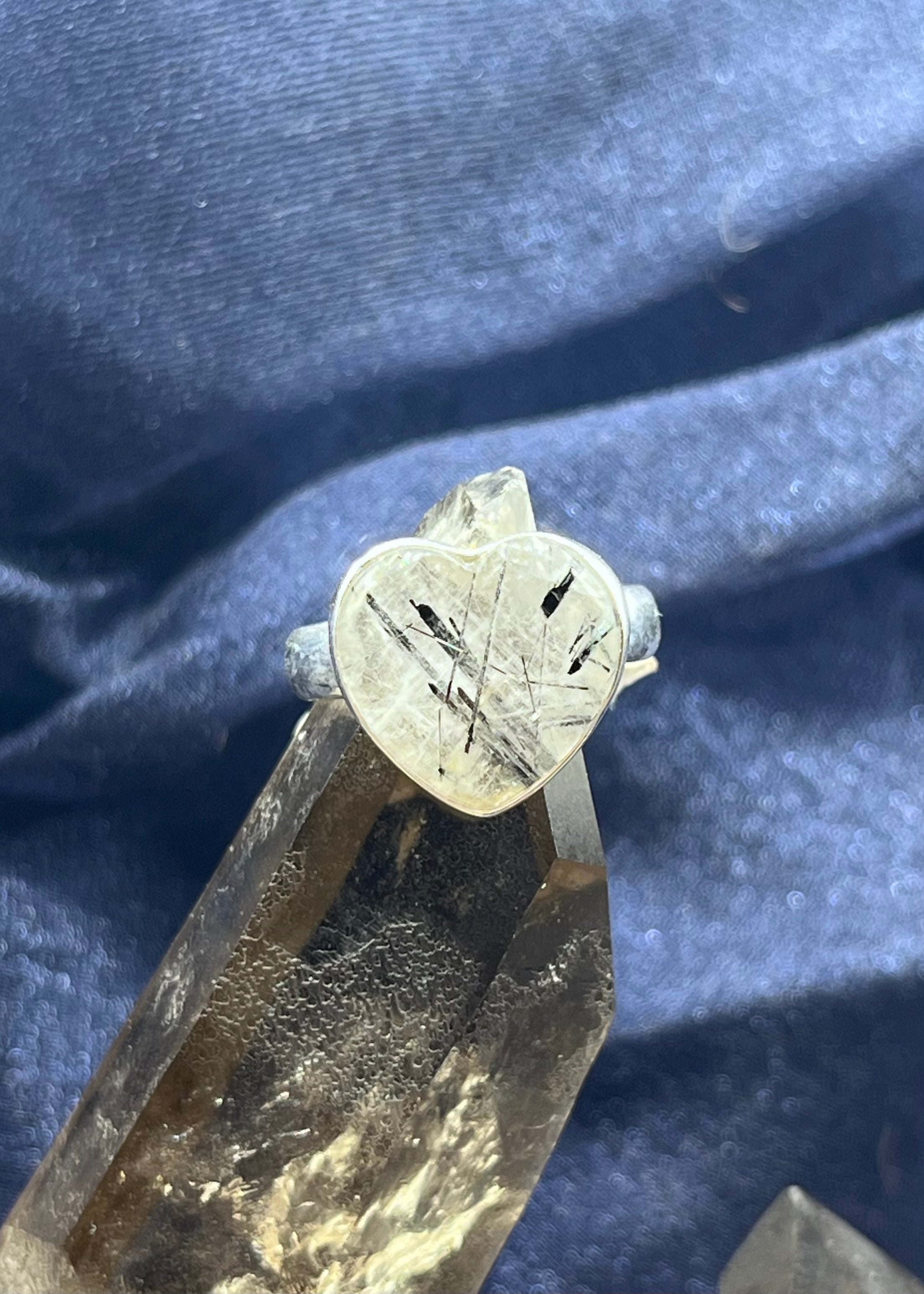 Black Rutilated Quartz Heart SS Ring 7