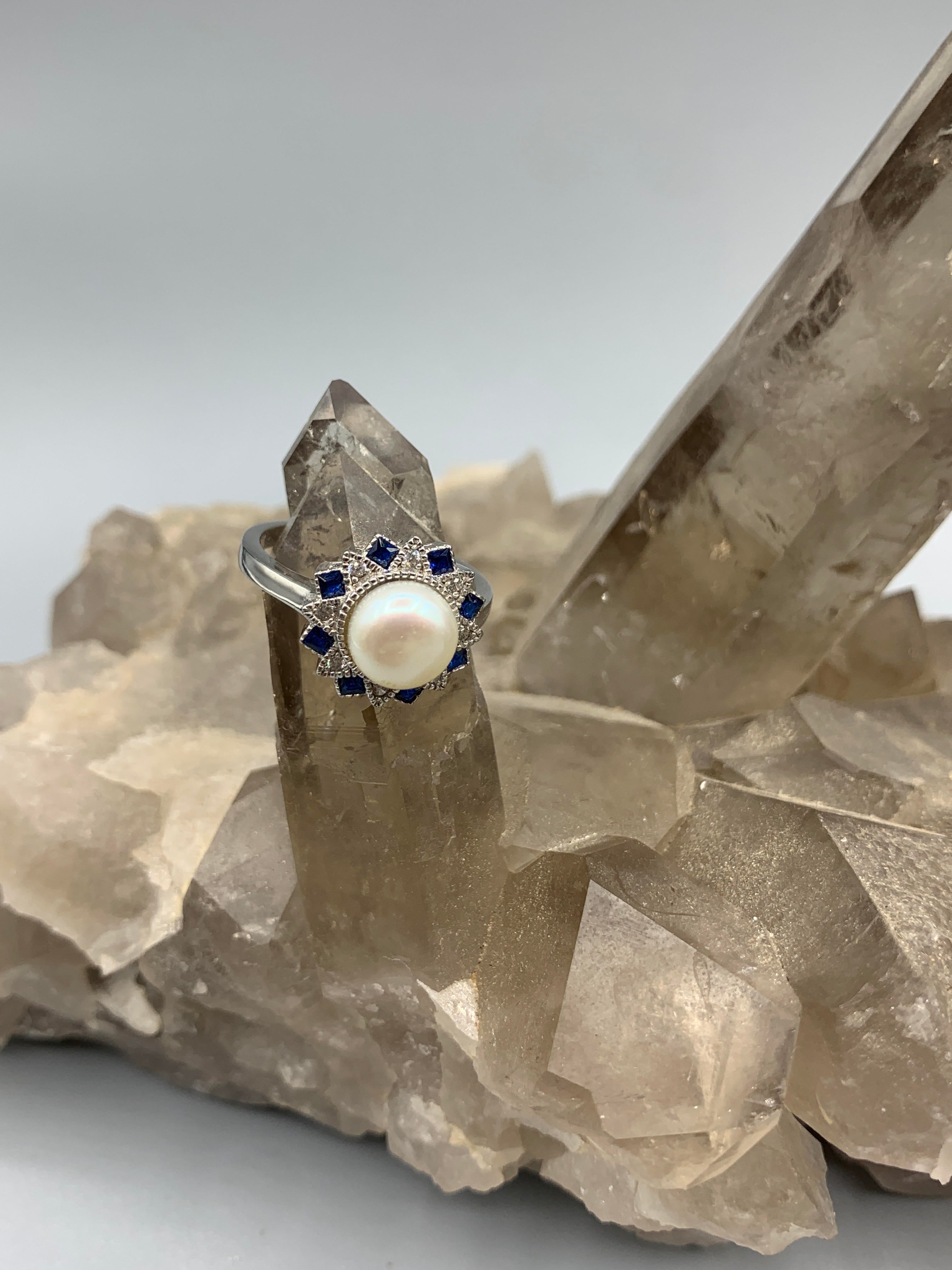 Sterling Silver Blue Pearl Floral Ring - Size 7