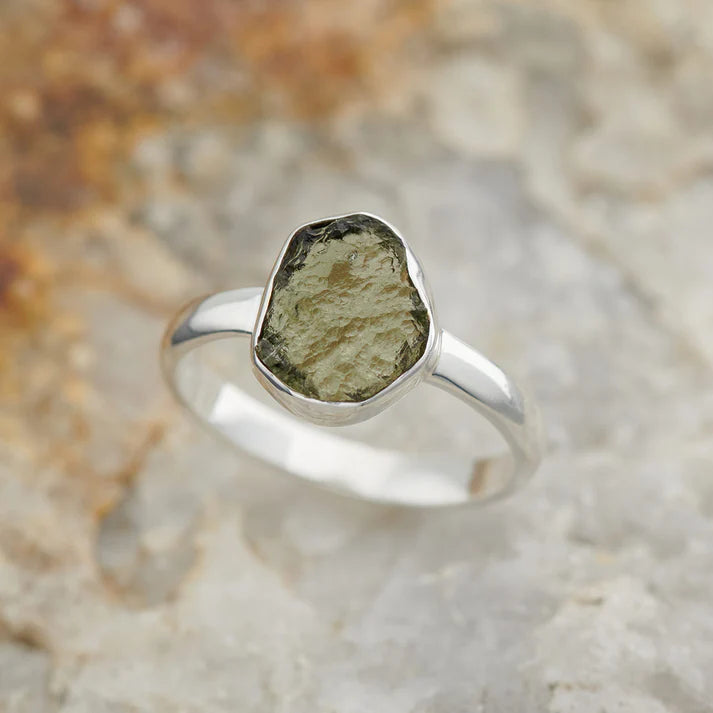 Sterling Silver Rough Moldavite Ring - Size 13
