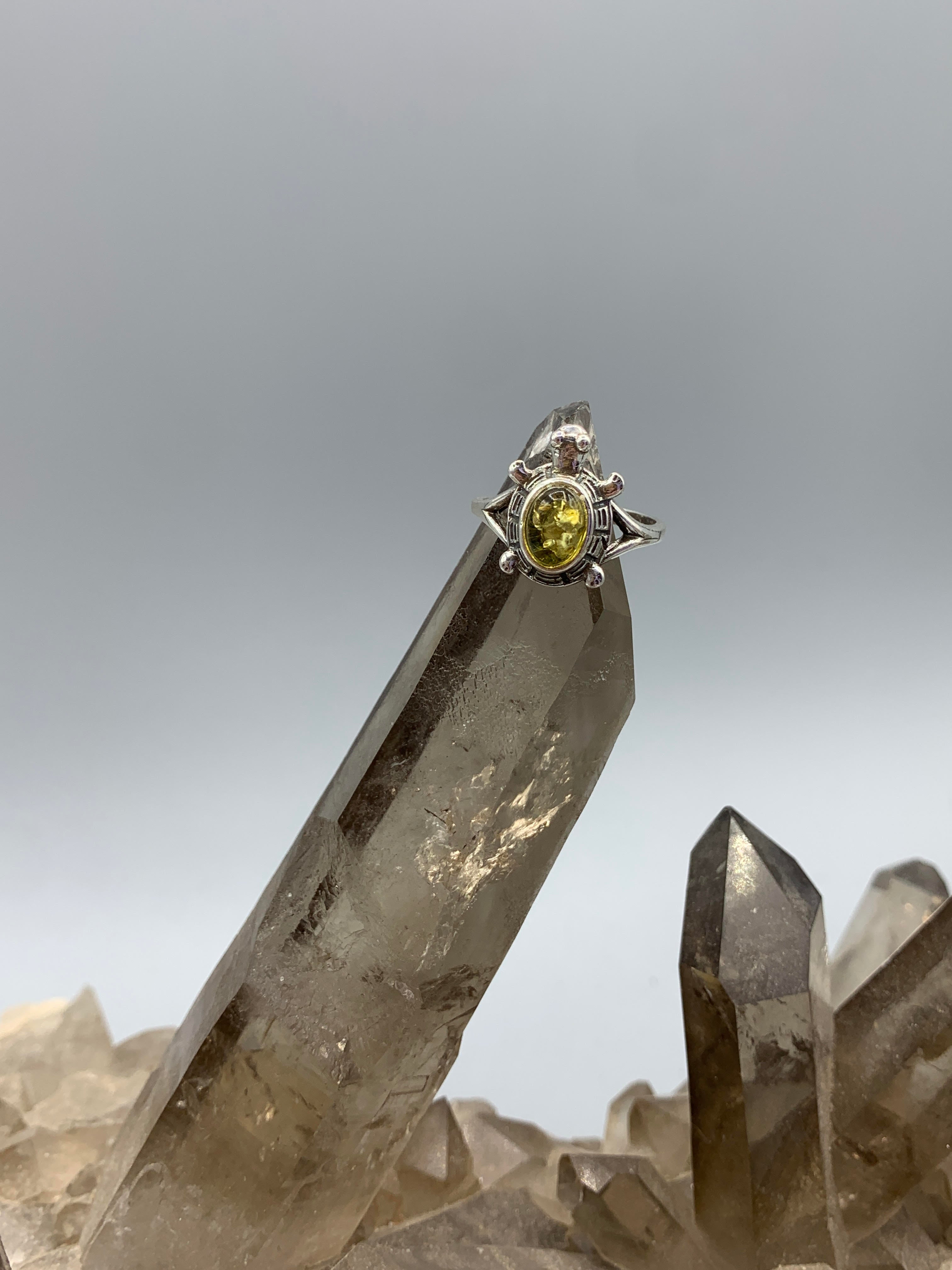 Sterling Silver Amber Turtle Ring - Size 9